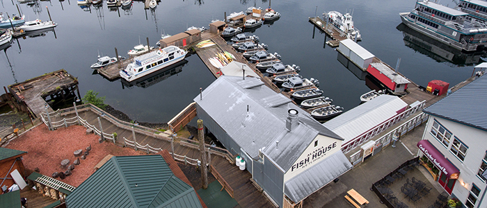 drone shot of the Fish House and Baranof Marina